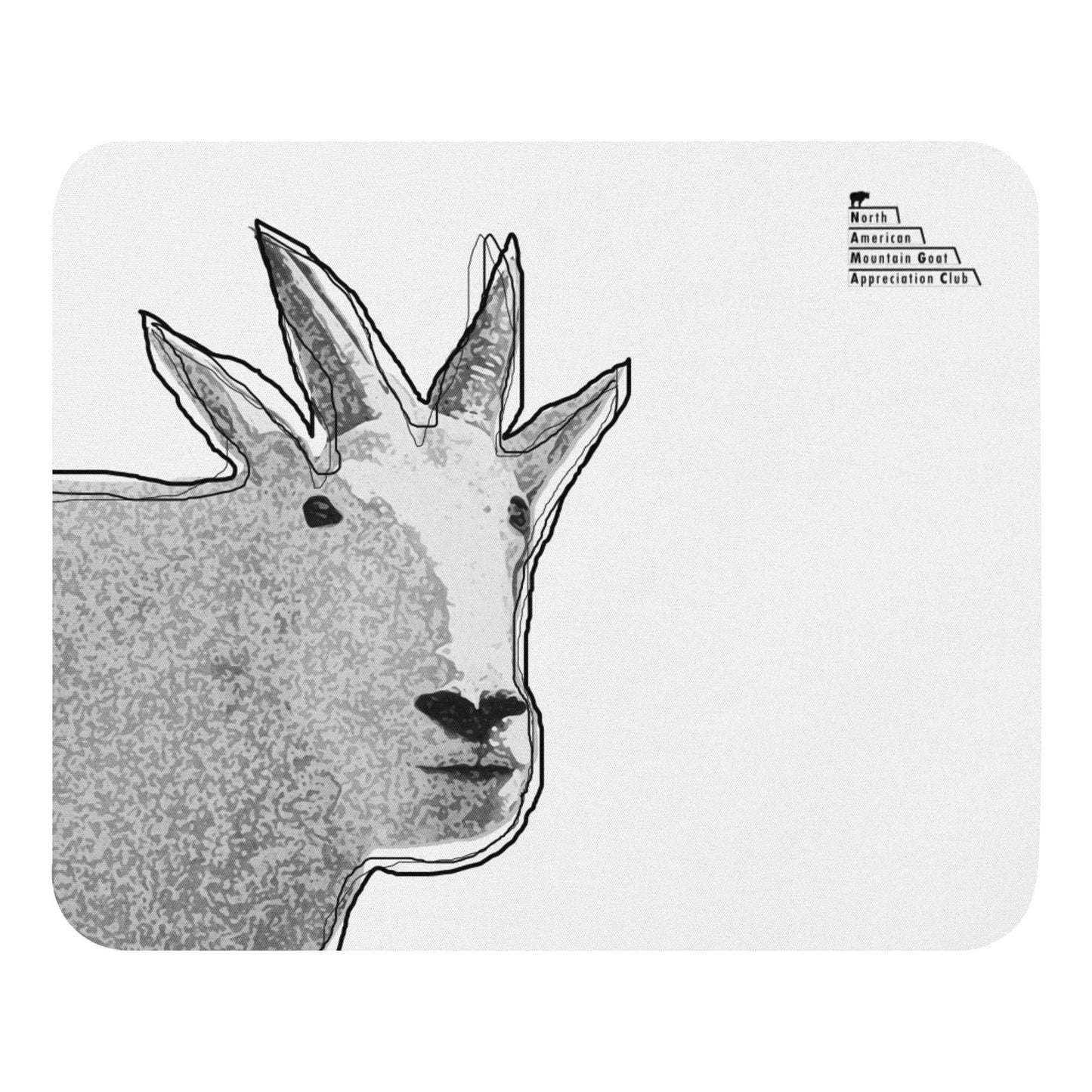 A high-quality mouse pad featuring a funny mountain goat design and a logo of North American Mountain Goat Appreciation Club over a white background.