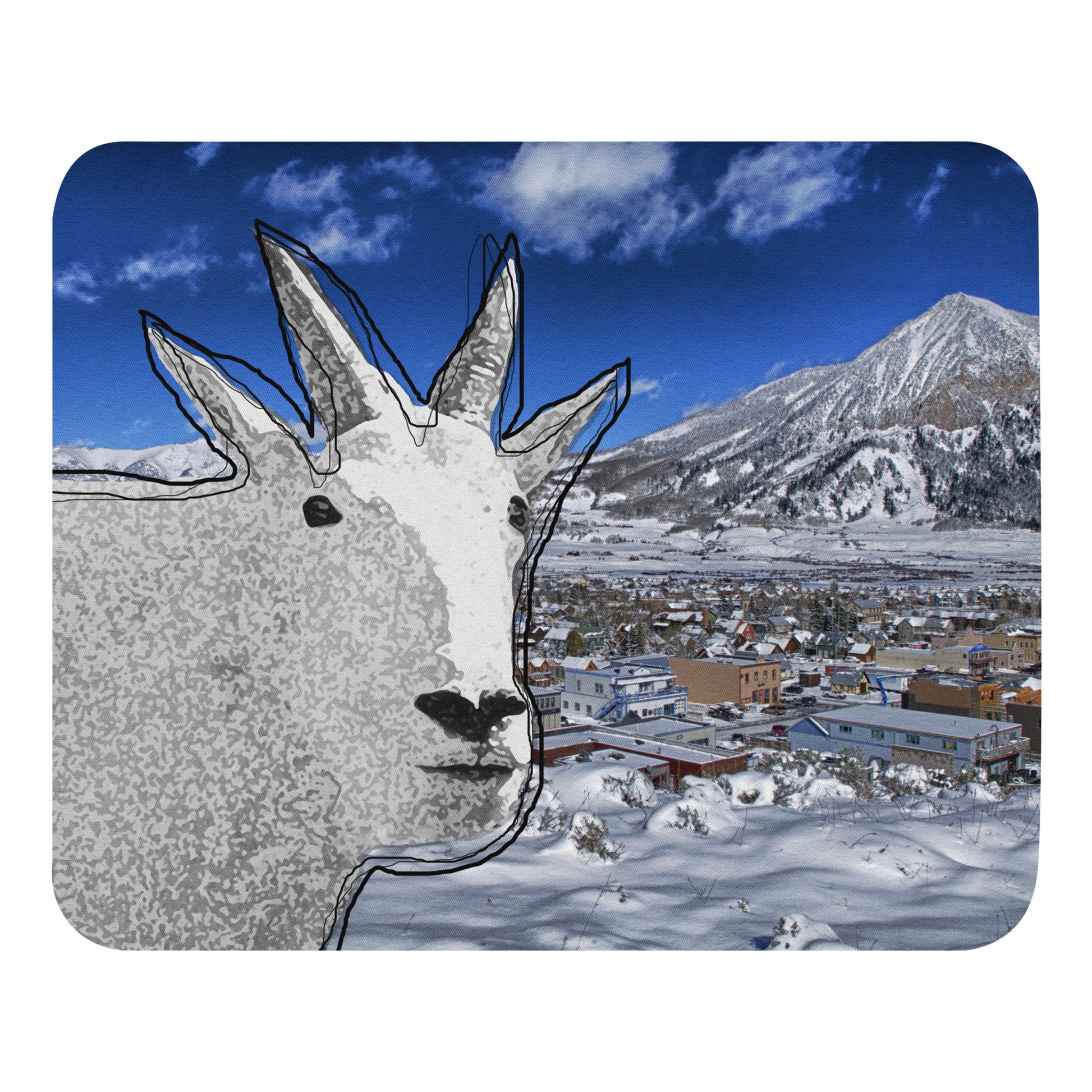 A high-quality mouse pad featuring a funny mountain goat design over a frosty village background.