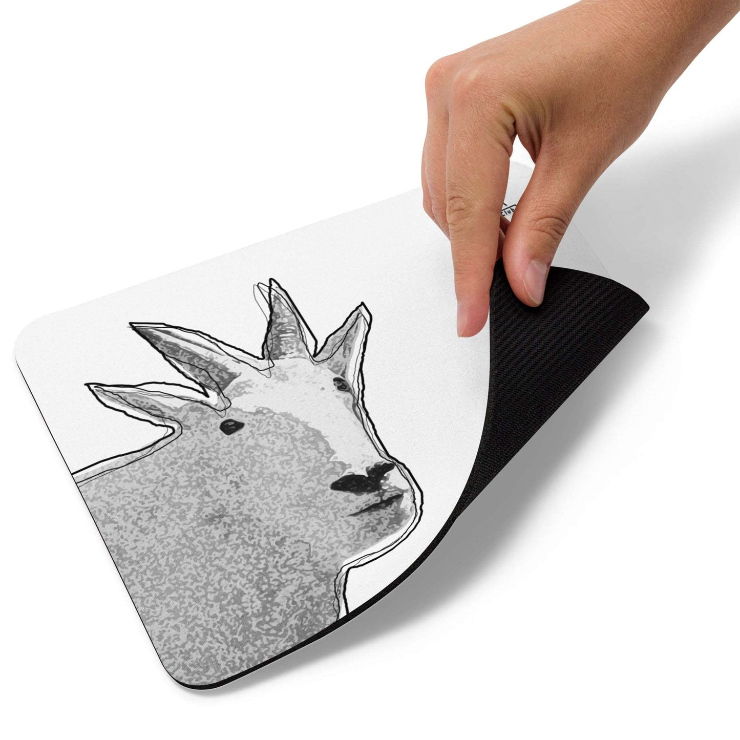 A high-quality mouse pad featuring a funny mountain goat design and a logo of North American Mountain Goat Appreciation Club over a white background.